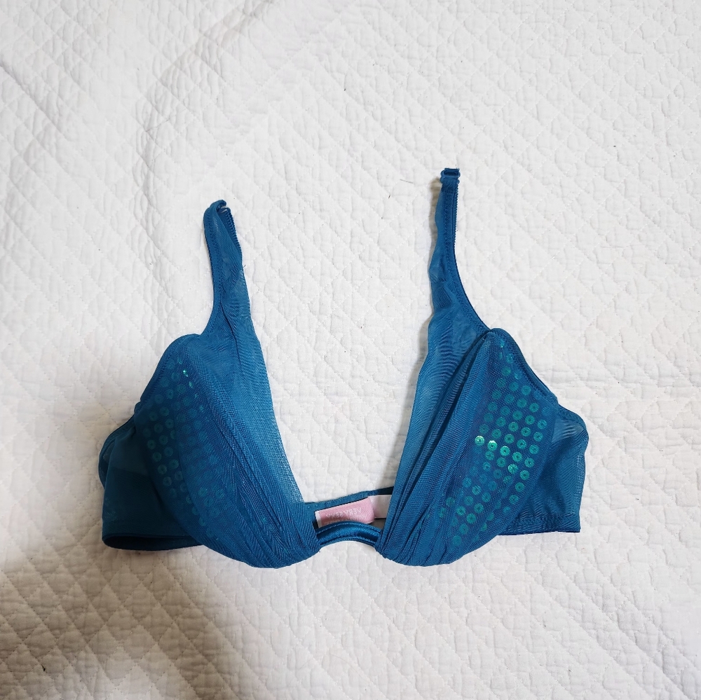 Teal Mesh Sequins Unlined Plunging Bra